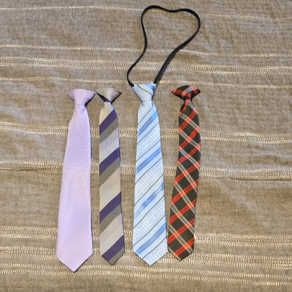 Kids Skinny Tie Set in Lavender, Gray, Light Blue, and Black/Red Plaid